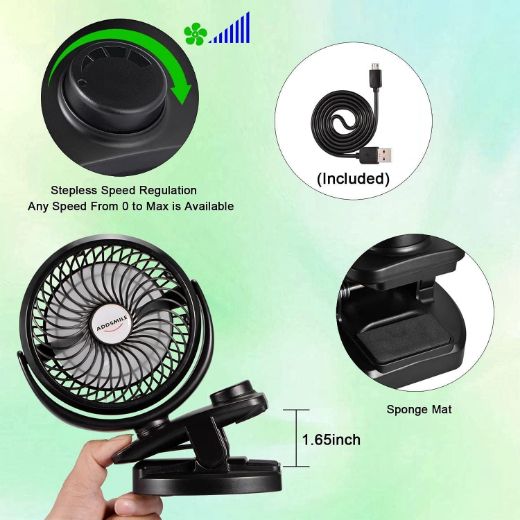 ADDSMILE Battery Operated Clip On Stroller Fan 5000mAh Rechargeable Desk Fan for Baby Stroller Car Gym Home Office Desktop Outdoor Traveling and Camping