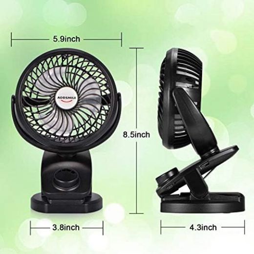 ADDSMILE Battery Operated Clip On Stroller Fan 5000mAh Rechargeable Desk Fan for Baby Stroller Car Gym Home Office Desktop Outdoor Traveling and Camping